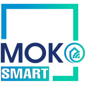 "لوگوی سایت MOKO SMART با طراحی مدرن شامل متن 'MOKO SMART' به همراه نماد خانه و علامت وای‌فای، نمایانگر فروش تجهیزات هوشمندسازی ساختمان."